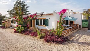 Une maison avec une allée en gravier, une terrasse en bois et un espace barbecue.
