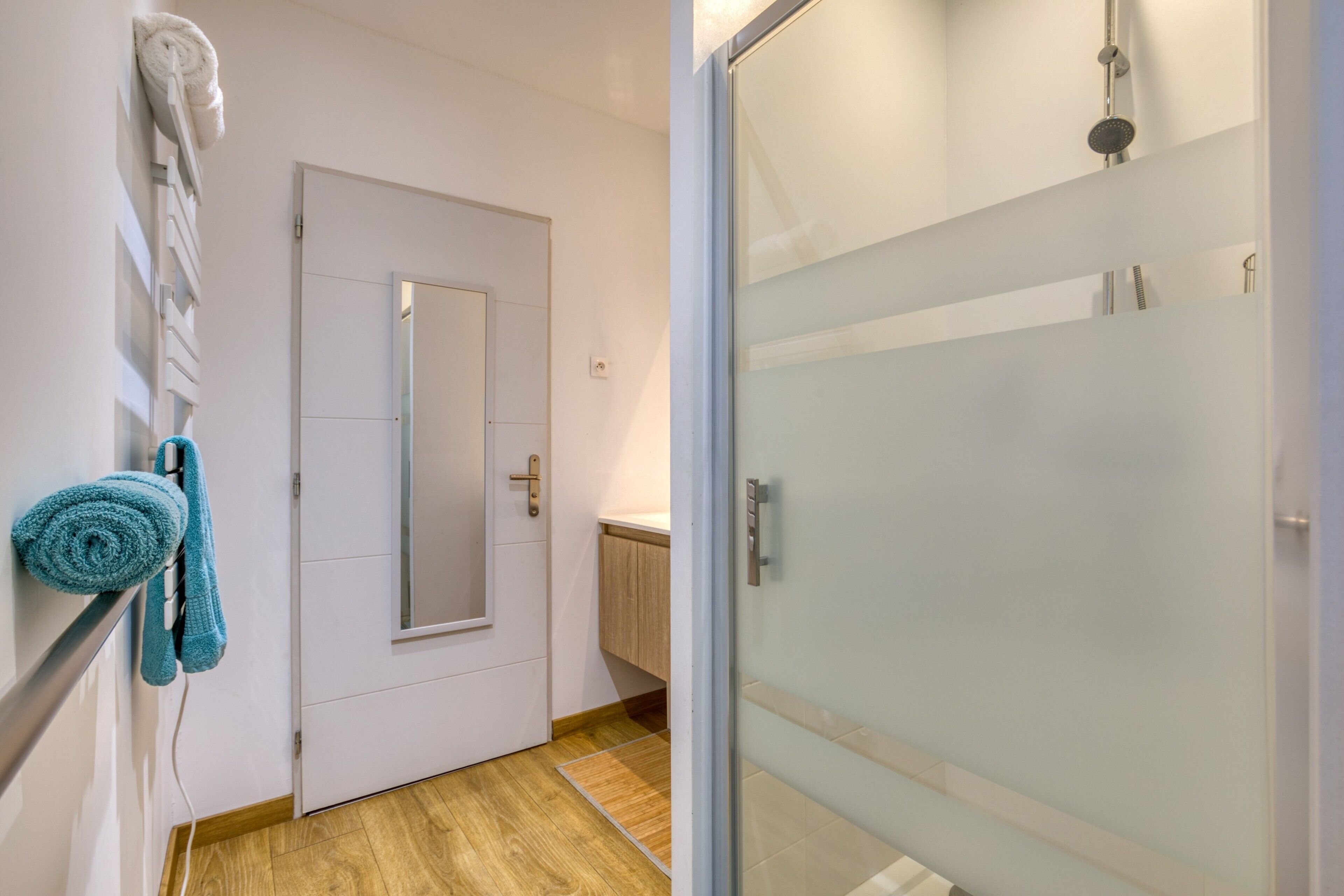 Shower, hair dryer, towels