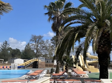 Indoor pool, a heated pool. The Bassin Cabin – 3-Bedroom Mobile Home with Terrace and Pool
