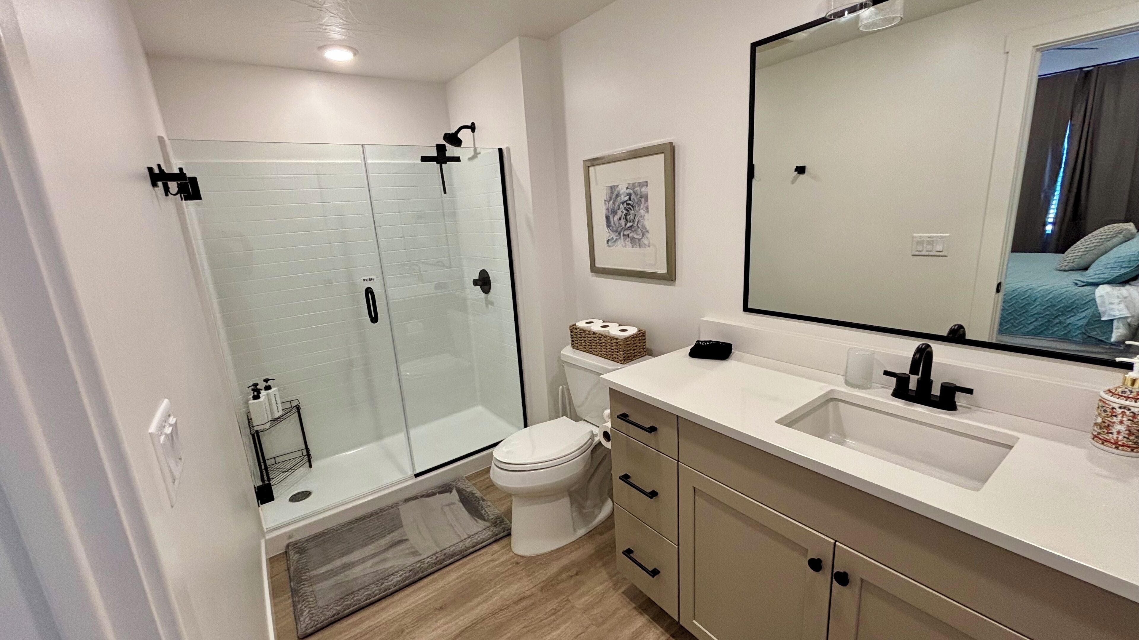 Shower, hair dryer, towels, soap
