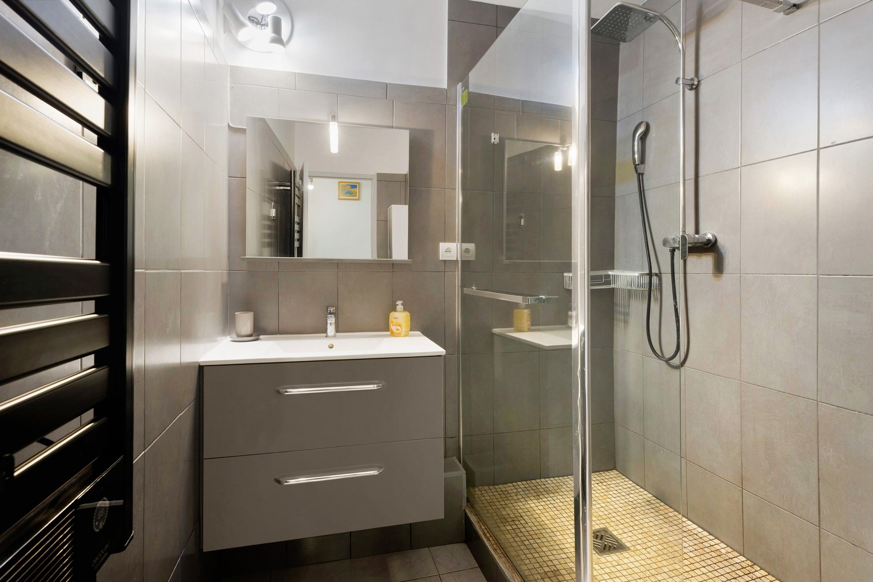 Shower, free toiletries, hair dryer, towels
