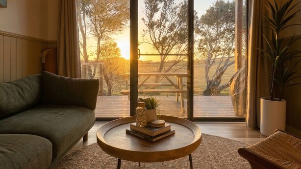 Ein Wohnzimmer mit einer Couch, einem Couchtisch mit Büchern und einer Pflanze, einem Sessel und Blick auf eine Terrasse und Bäume durch große Schiebetüren.