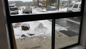 Blick aus dem Fenster auf einen Parkplatz mit Schnee und geparkten Autos.