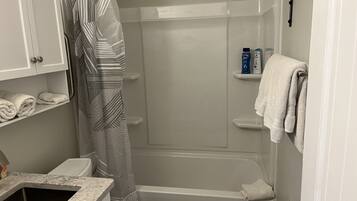 Hair dryer, towels, soap, toilet paper