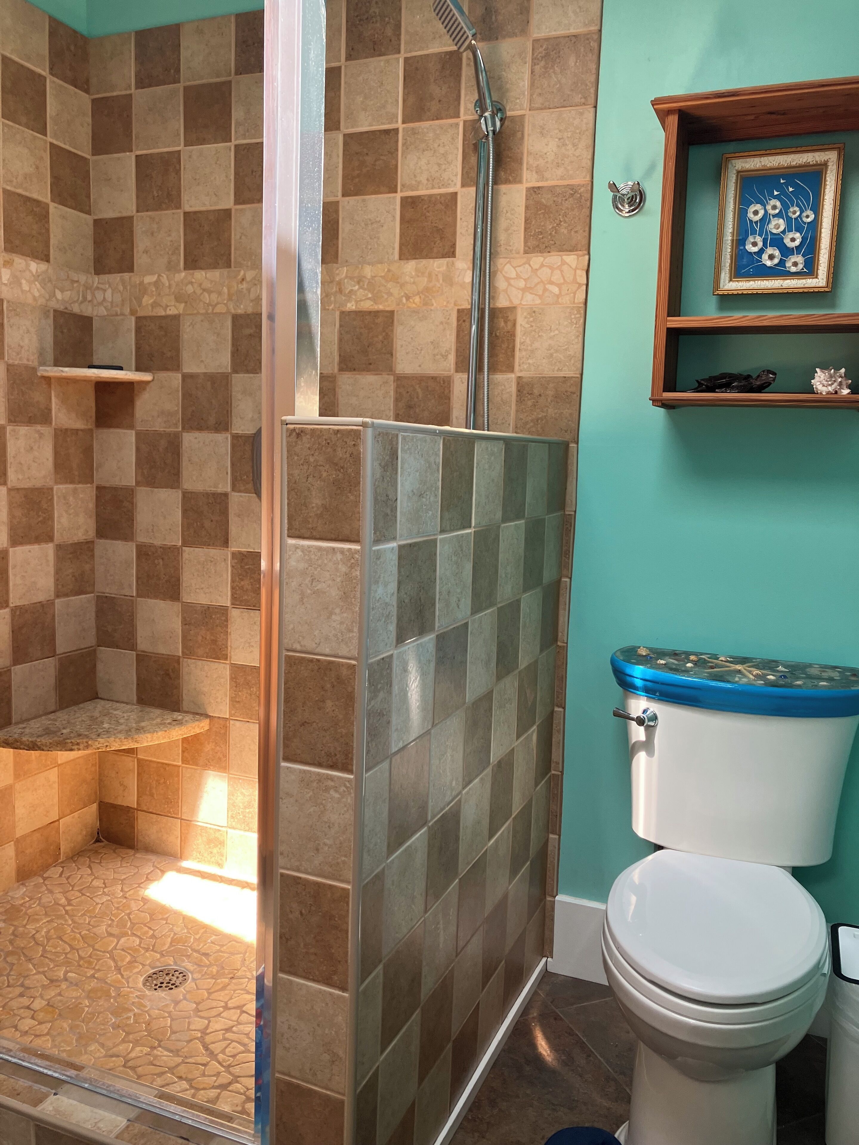 Ein Badezimmer mit Dusche, Toilette und Ablage für Dekoration.