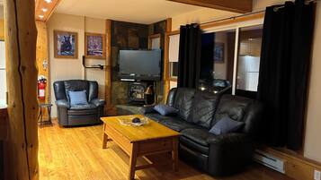 TV connectée, cheminée, lecteur de DVD, livres