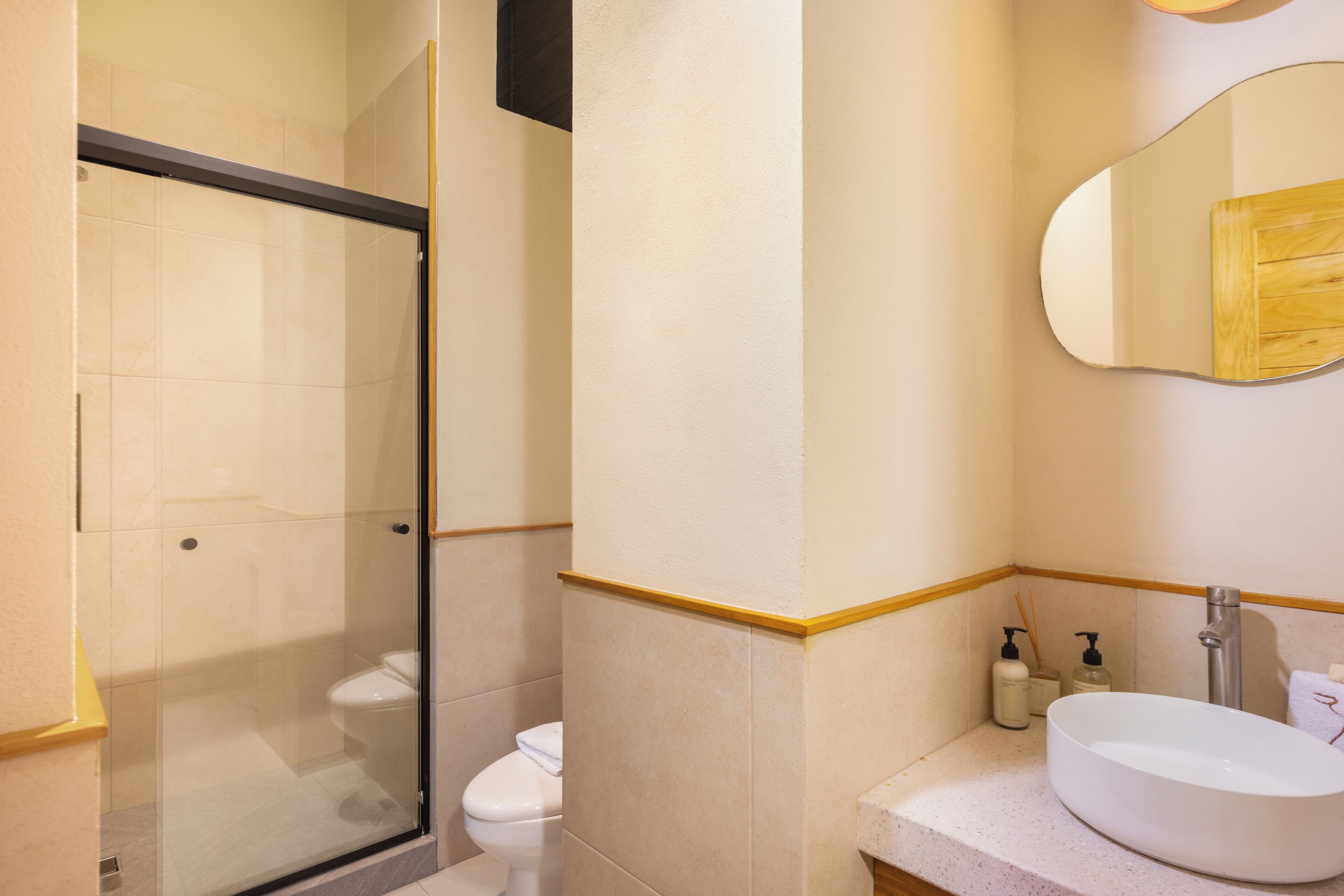 Un baño con ducha envuelta en cristal, un inodoro blanco y un lavabo con espejo arriba.
