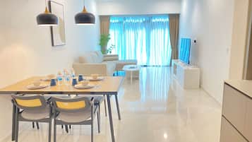 Deluxe Apartment, 2 Bedrooms | Living area | Fireplace, printers