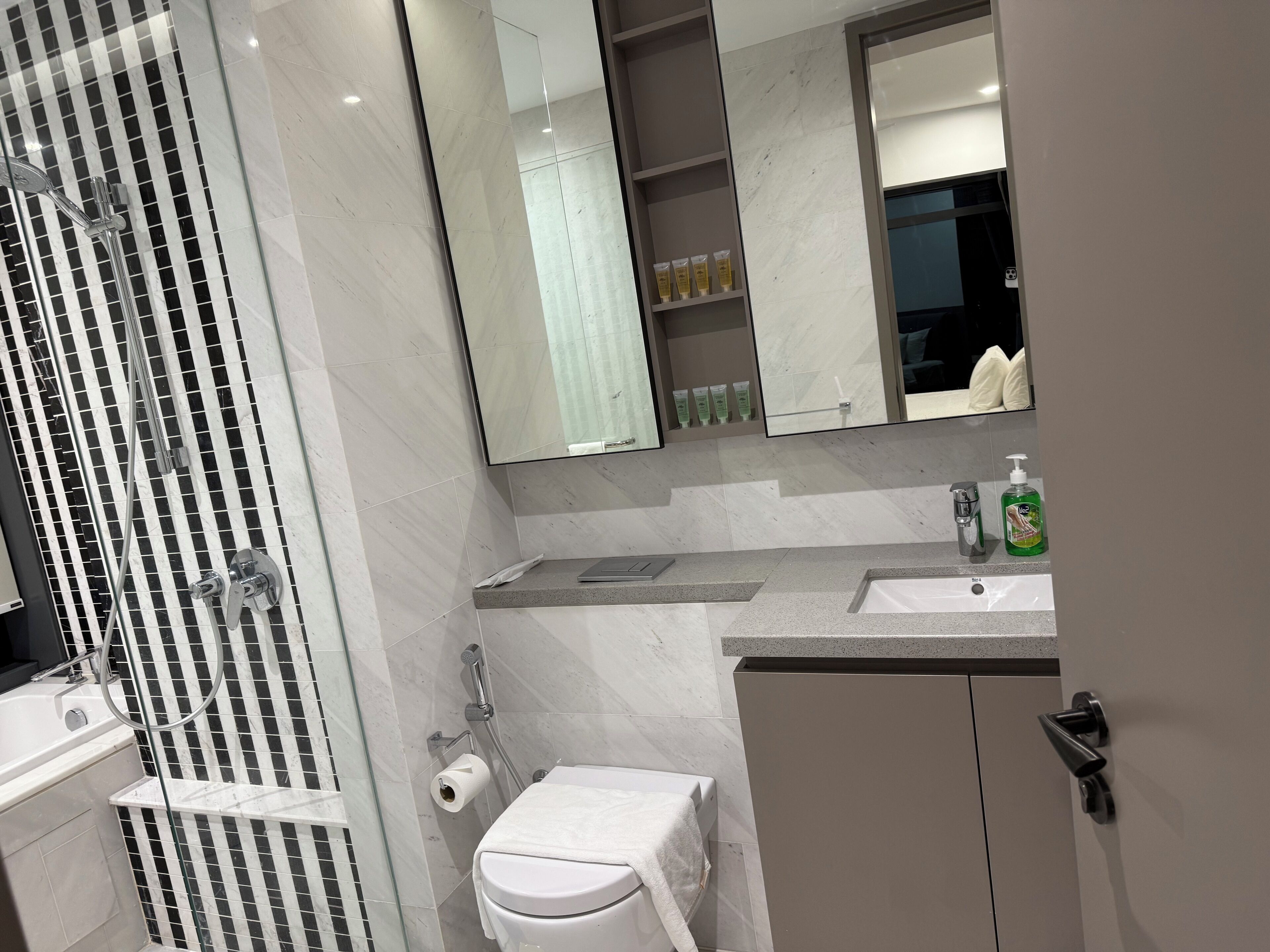 A modern bathroom with a glass shower enclosure, a toilet, a sink with toiletries, and a mirror.