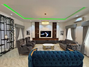 Smart TV, fireplace, DVD player, books