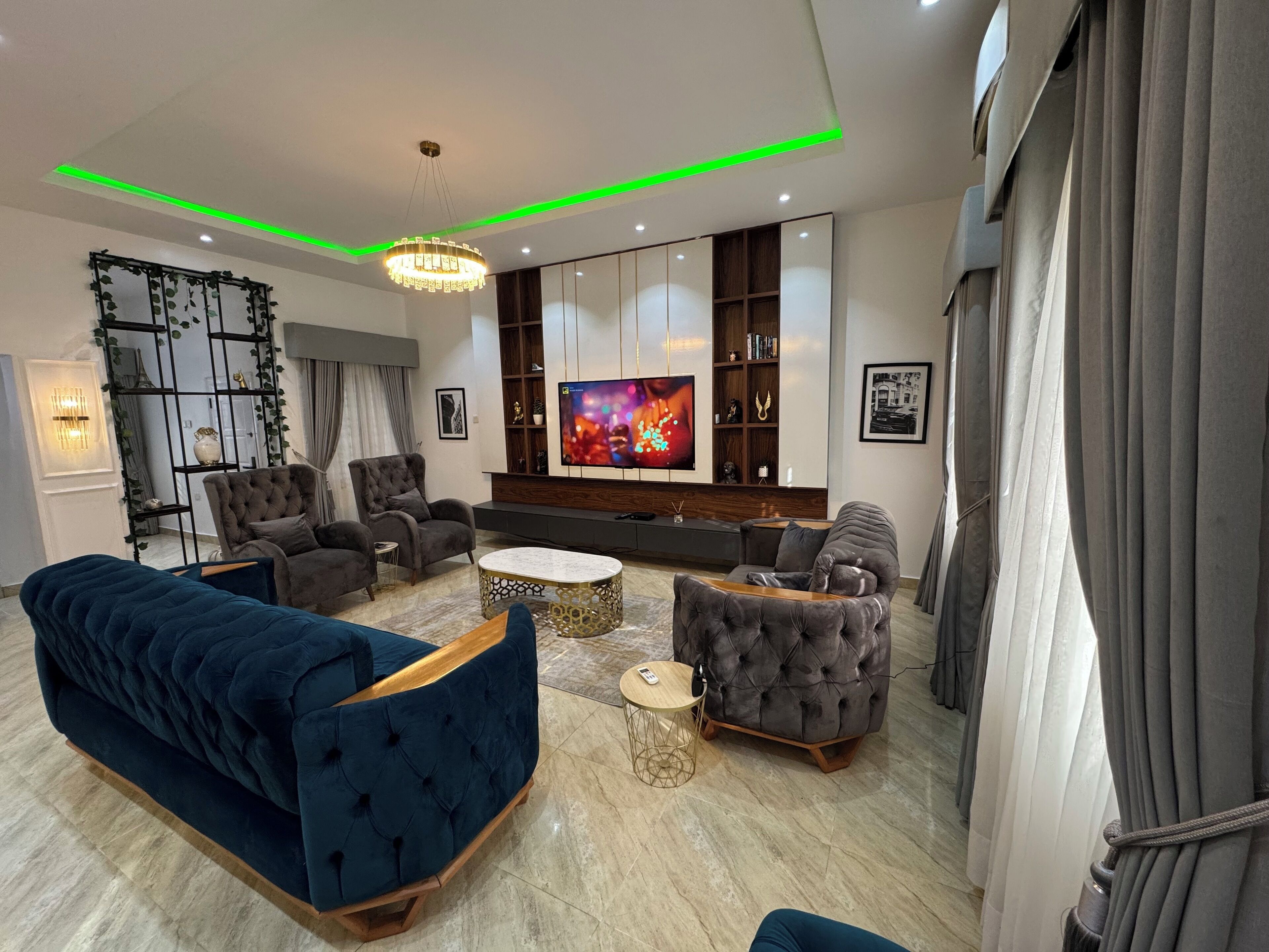 TV connectée, cheminée, lecteur de DVD, livres