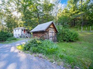 A rustic cabin with a wooden exterior and a small porch, surrounded by lush greenery and a clear sky.