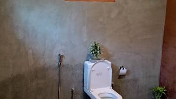 Un bagno con il water, una doccia e un piccolo oblò con una pianta.