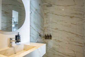 Shower, hair dryer, towels