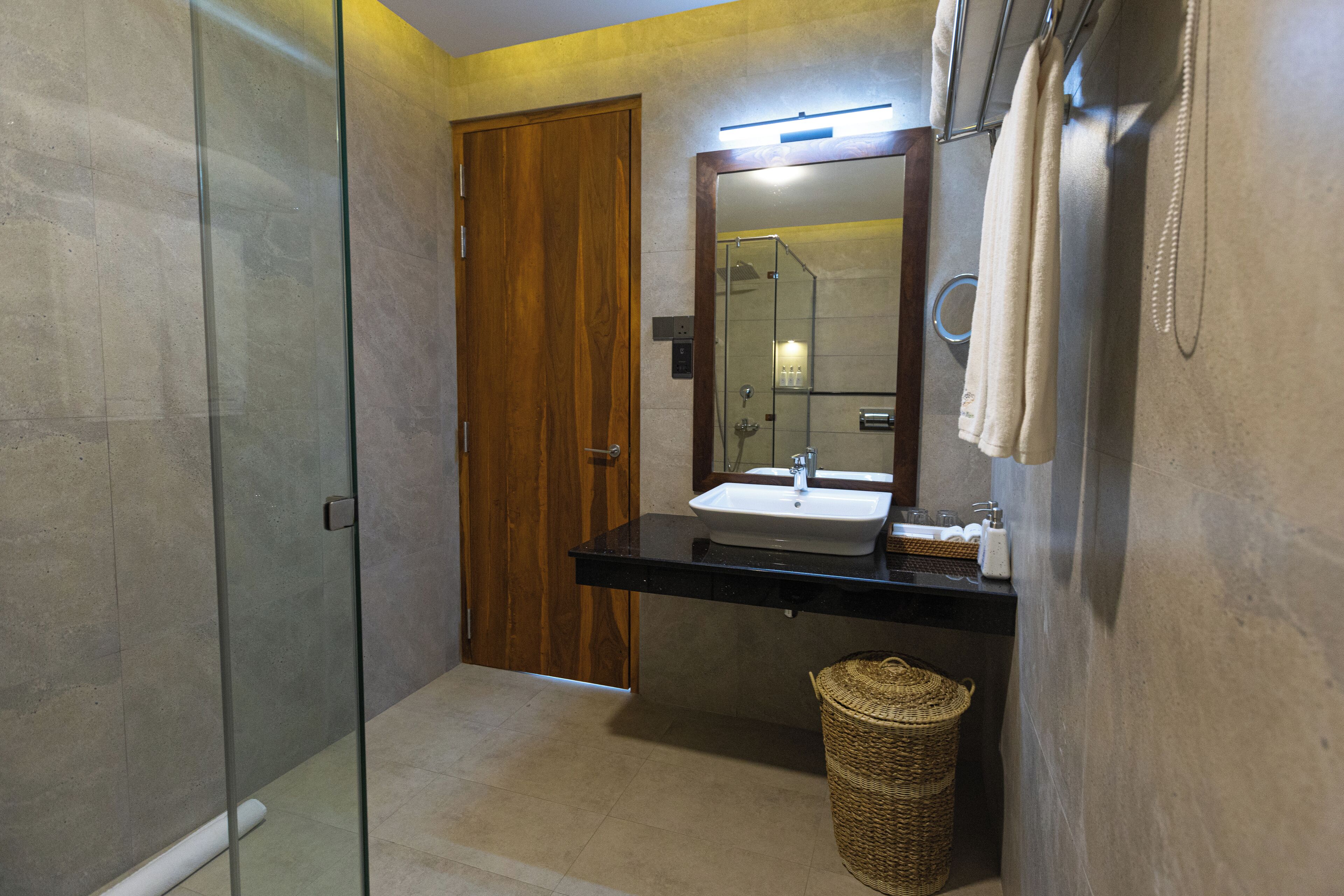 A modern bathroom with a glass shower enclosure, a wooden door, a black countertop with a sink, and a mirror.