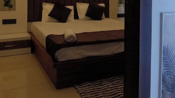 A bedroom with a bed, pillows, a headboard, a nightstand, a wall-mounted shelf with a plant, and a door with a handle. - Hotel Mango Tree (Hansi)
