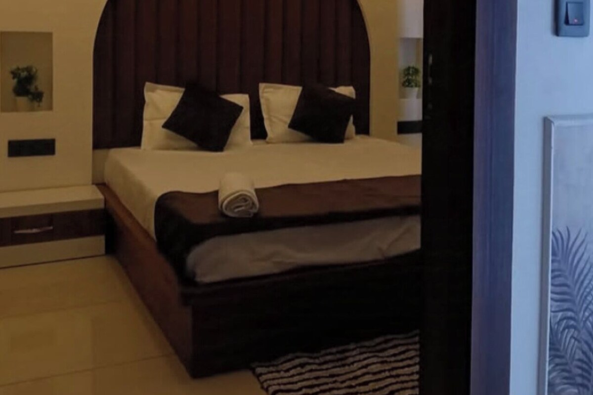 Un dormitorio con cama, almohadas, cabecera, mesita de noche, estante con una planta y puerta con pomo.