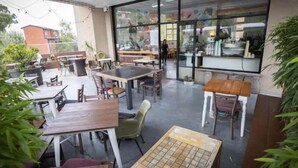 Een terras met tafels en stoelen, een glazen wand en potplanten.