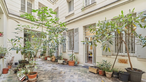 Un patio con plantas en macetas y suelo de baldosas.