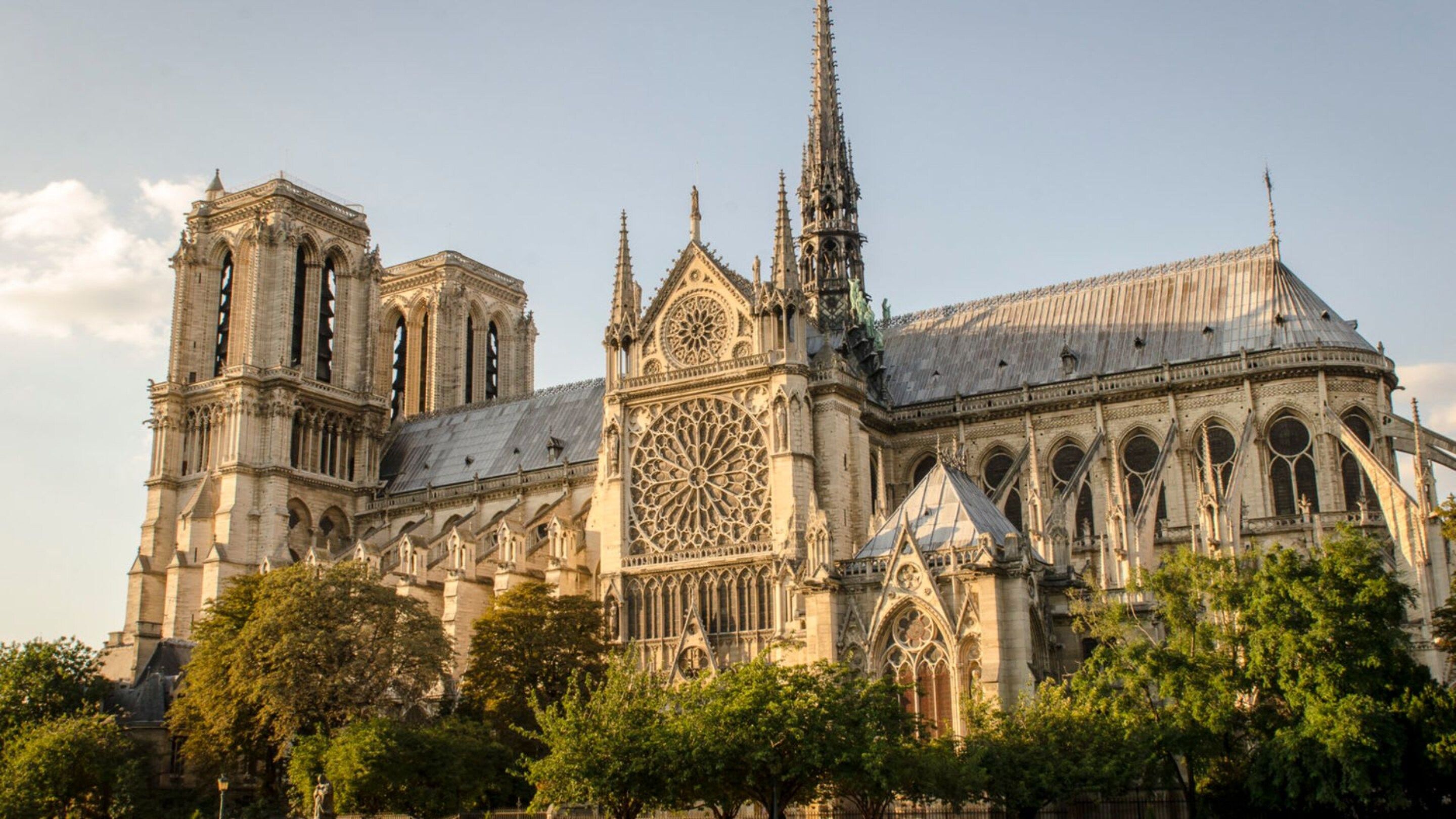 A large cathedral with Gothic architecture, including pointed arches and a rose window.