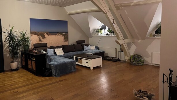 A loft-style living room with a wooden floor, a sectional sofa, a dining table, and a large beach mural. - Vacation apartment  (Vettweiß)