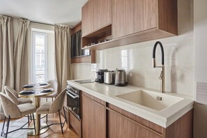 Apartment | Private kitchen | Fridge, microwave, oven, stovetop