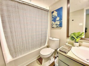 Hair dryer, towels, soap, shampoo