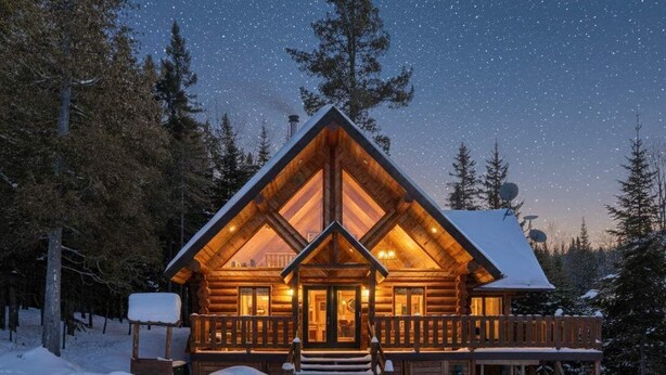 A log cabin with a prominent front porch and large windows, surrounded by snow and trees. - Spa and Great Comfort | Le Bo Bois Rond (Saint-Michel-des-Saints)