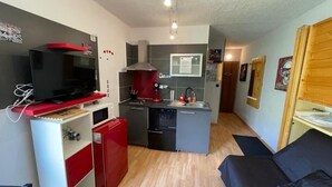 A compact living space with a kitchenette, a television, a small refrigerator, and a sofa. - Orcieres - Studio at the foot of the slopes (Orcières)