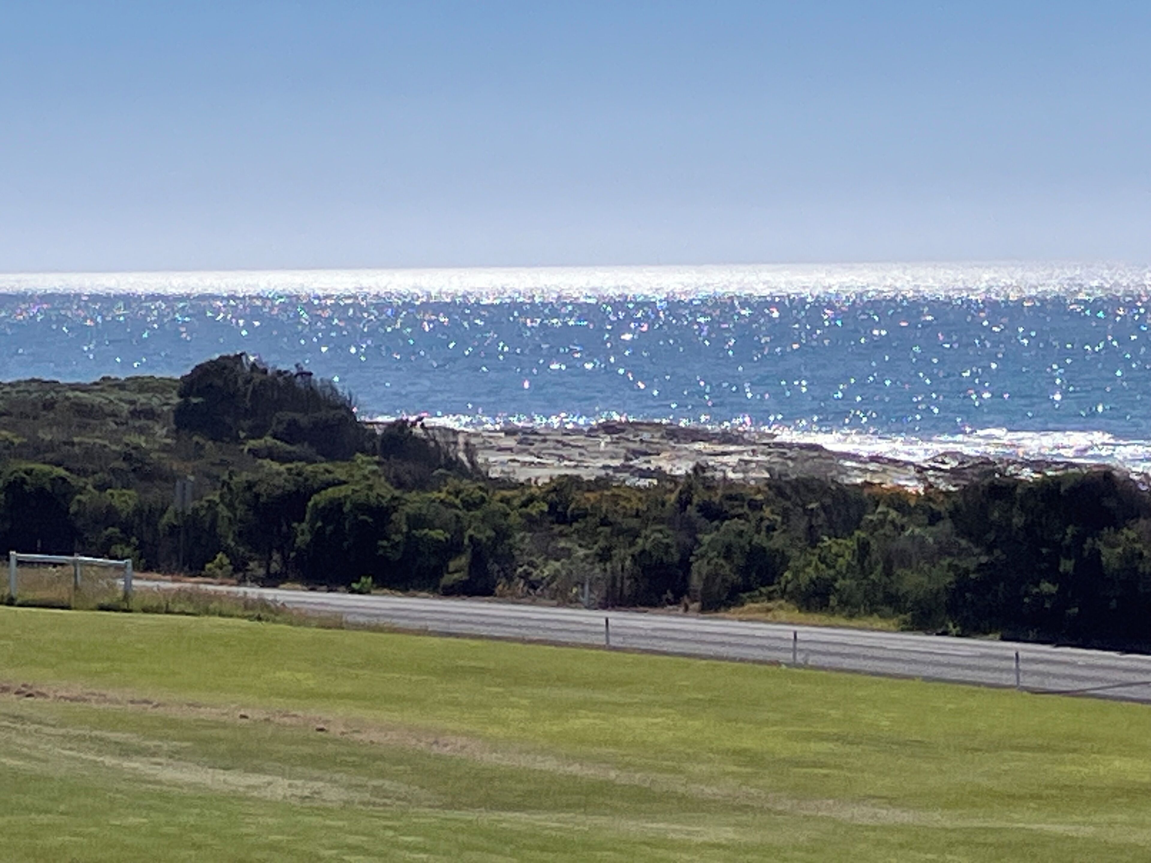 A coastal road with a grassy area and a rocky shoreline.