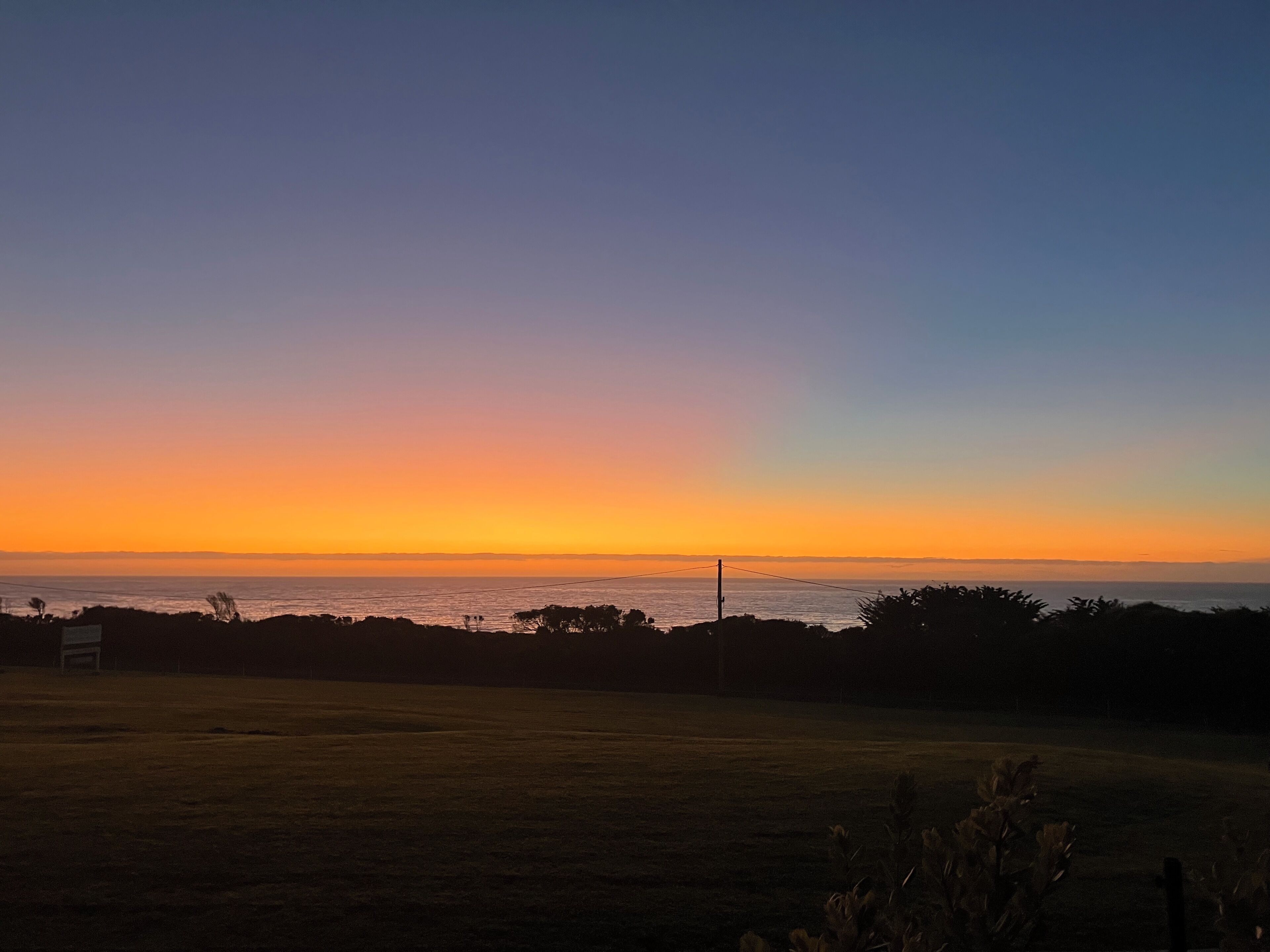 A sunset over a grassy field with a view of the ocean.