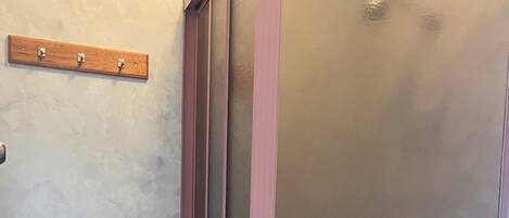 A bathroom with a shower enclosure, a toilet, and a wooden shelf with hooks.
