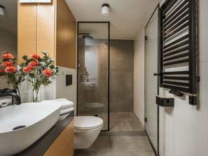 A modern bathroom with a large sink, toilet, and glass shower enclosure.