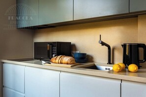 Fridge, microwave, stovetop, electric kettle