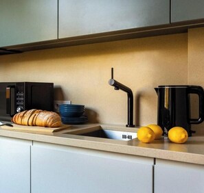Fridge, microwave, stovetop, electric kettle
