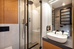 Hair dryer, towels, soap