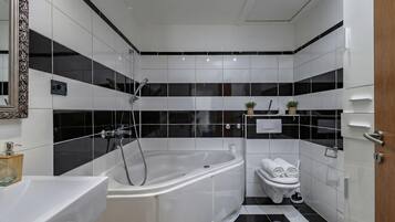 Family House, Multiple Bedrooms (Pool House Kristina) | Bathroom | Combined shower/tub, hair dryer, towels, soap