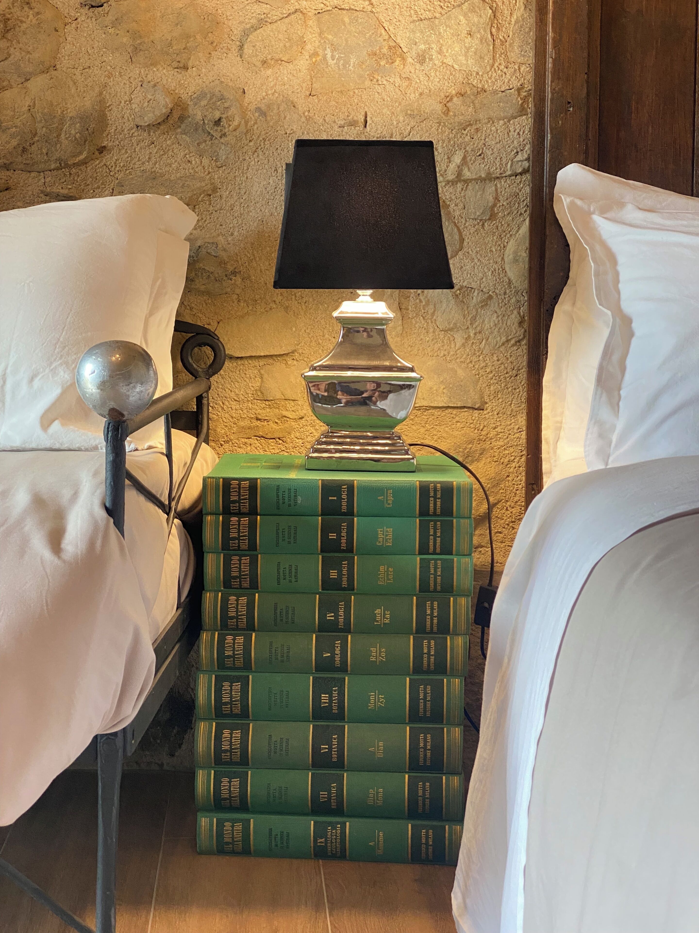Une chambre avec deux lits, une table de chevet avec une lampe et une pile de livres verts.