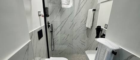 Shower, hair dryer, bidet, towels
