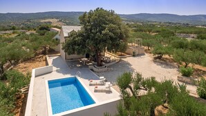 Une piscine avec vue sur la campagne, un arbre et un petit espace de détente extérieur.