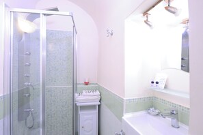 Shower, hair dryer, bidet, towels