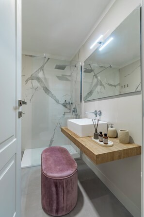 Shower, hair dryer, bidet, towels
