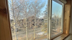 Una ventana con vistas a árboles desprovistos de hojas y un edificio al fondo.