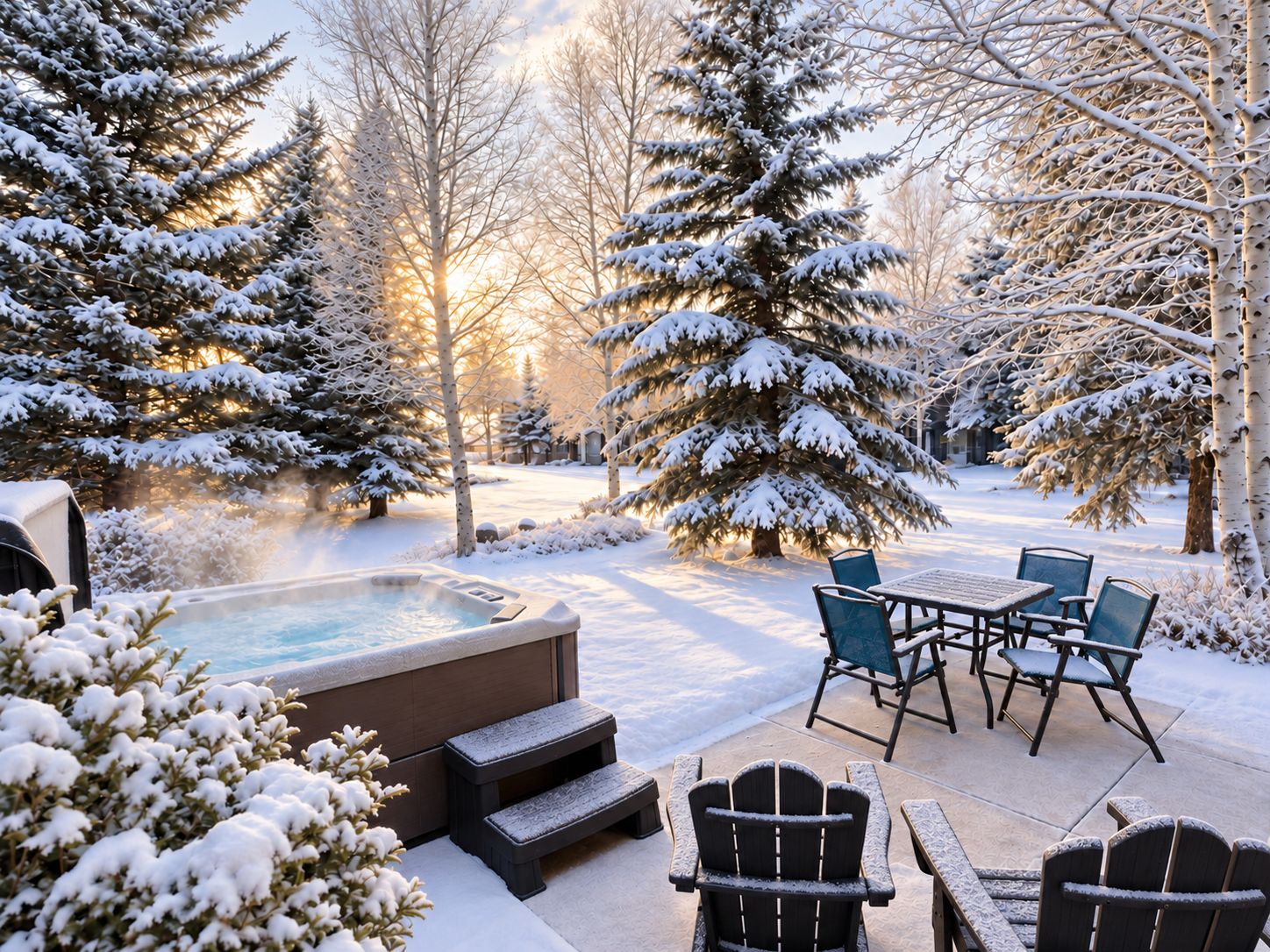 A snow-covered outdoor patio with a hot tub, seating area, and snow-laden trees.