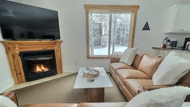 Una sala de estar con chimenea, sofá de cuero y televisión.