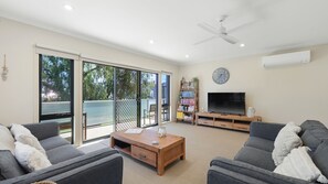 TV, DVD player, books, video library