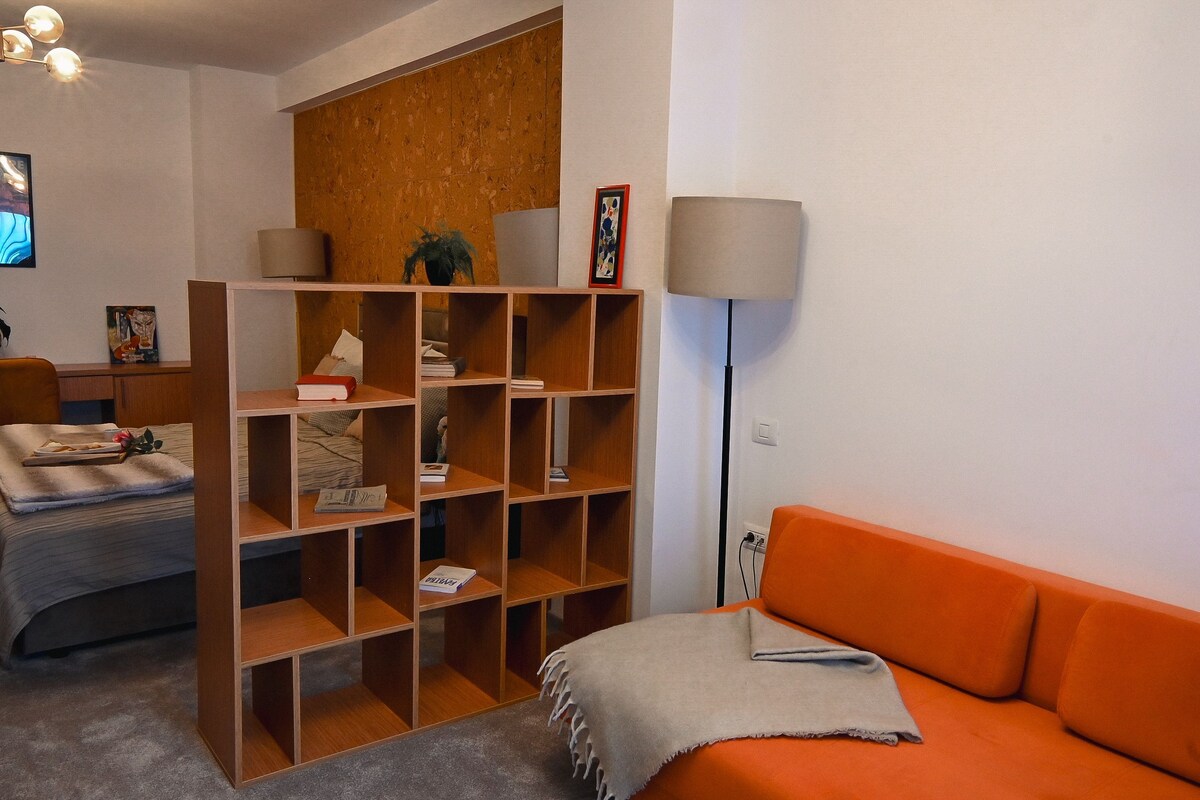 A modern living room with a wooden bookshelf, a sofa, a lamp, and a television.