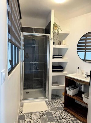 Regadera, secadora de cabello, toallas, jabón 