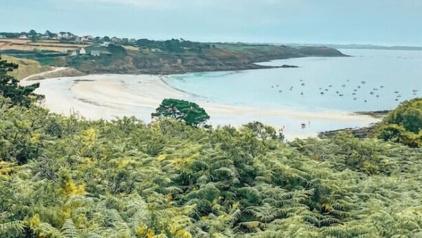 Et kystlandskab med strand, både og en fjerntliggende kystlinje.