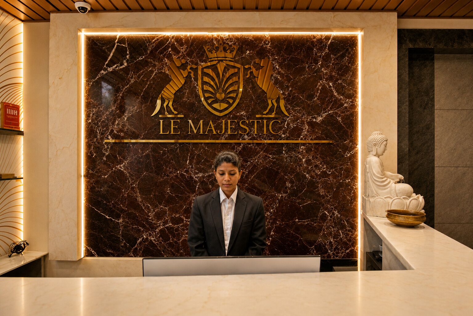 A reception desk with a marble wall and a statue.